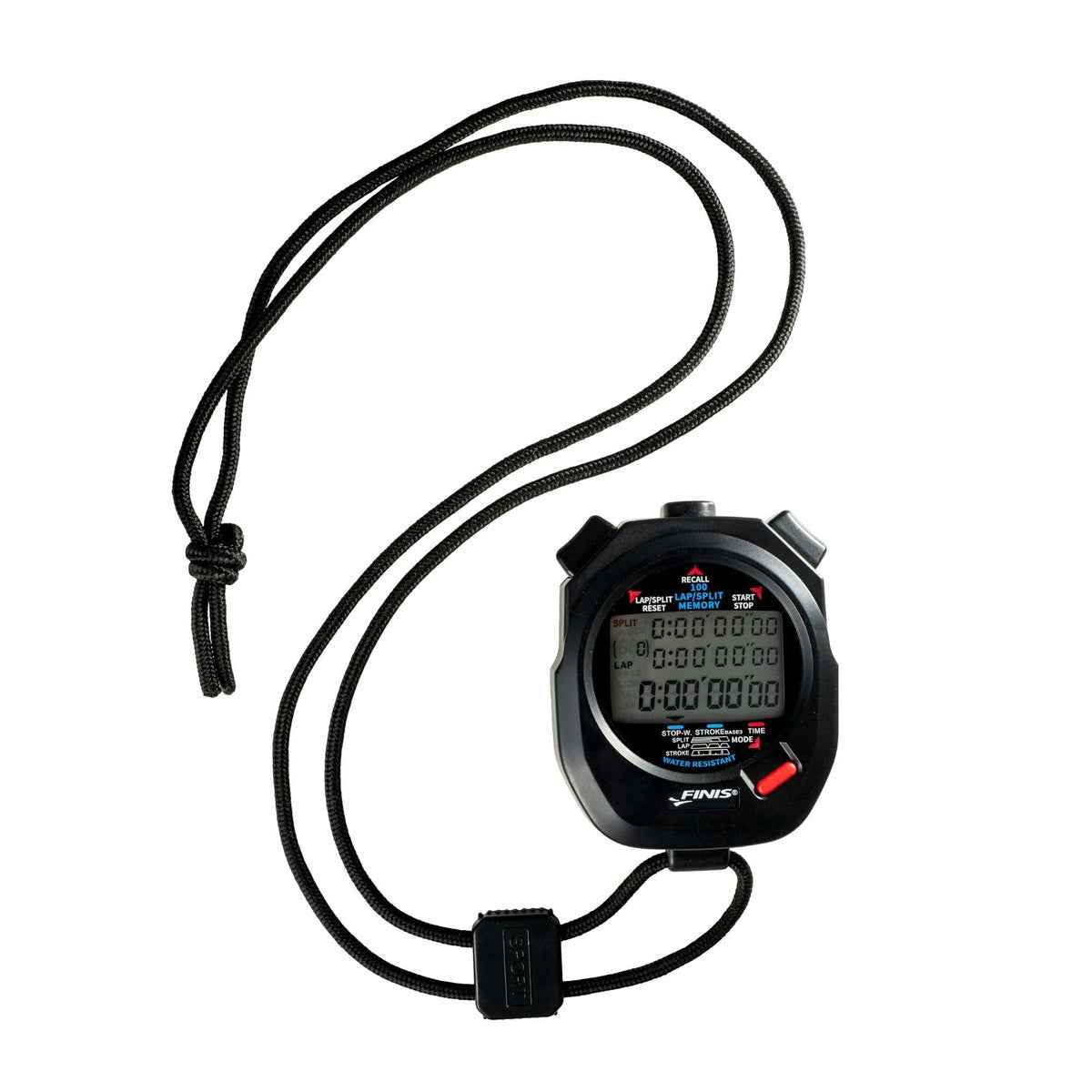 FINIS 3X100M digital stopwatch with lanyard, front view on white background