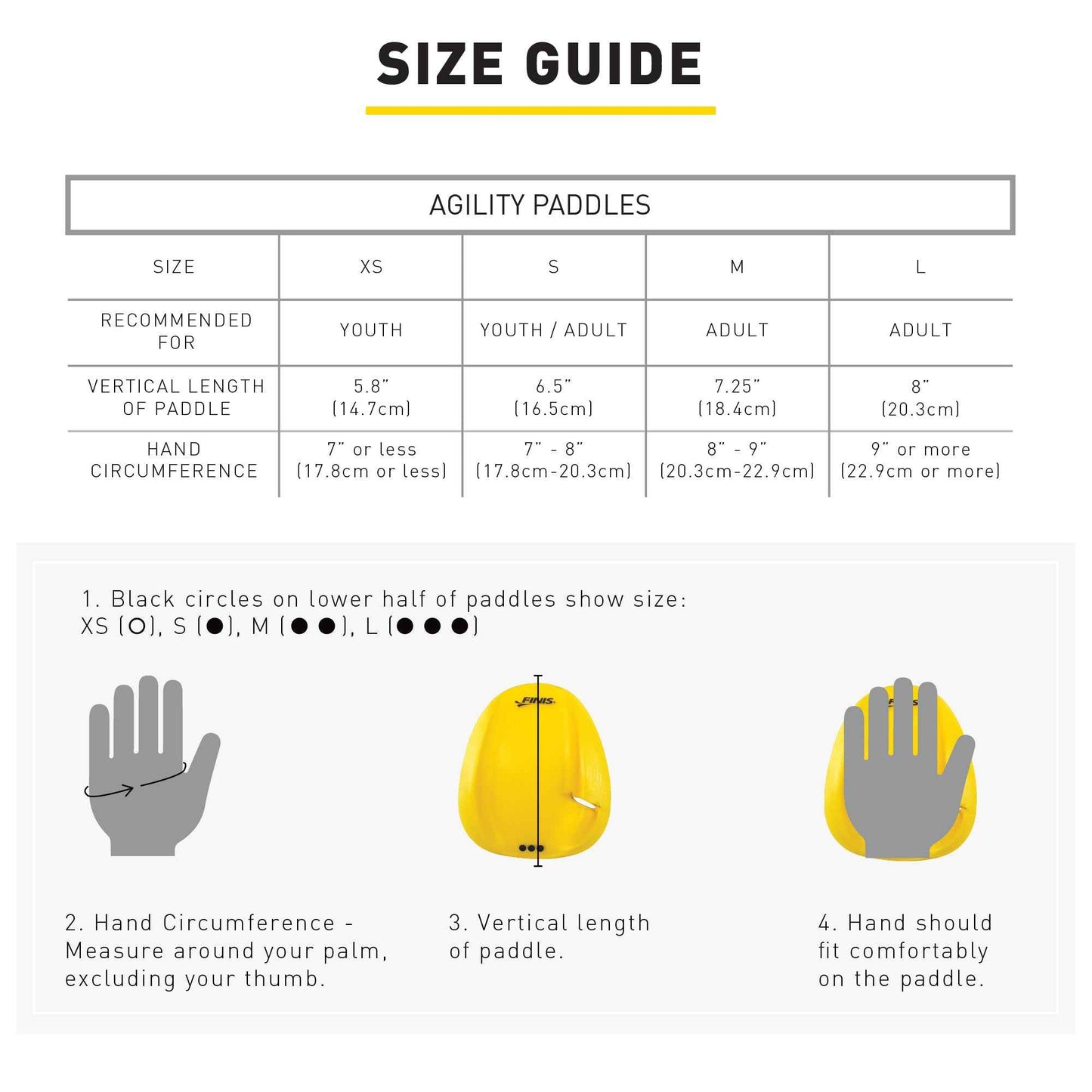 Size guide chart for FINIS Agility Paddles showing hand circumference and vertical paddle dimensions