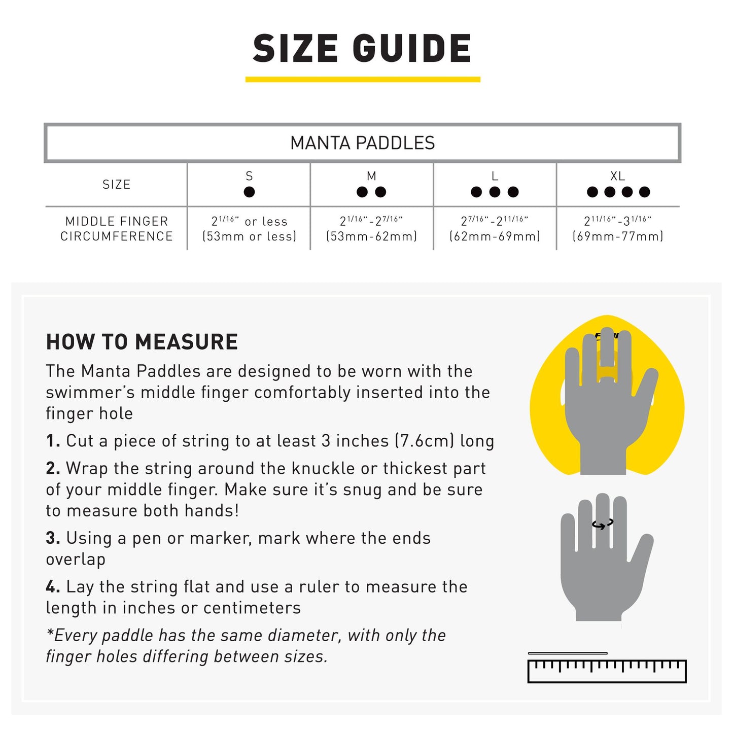FINIS Manta Paddles large size guide with hand measurement instructions
