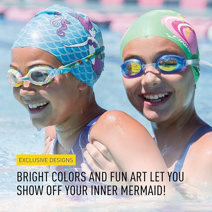Group of kids wearing FINIS Mermaid Silicone swim caps, Crown and other designs