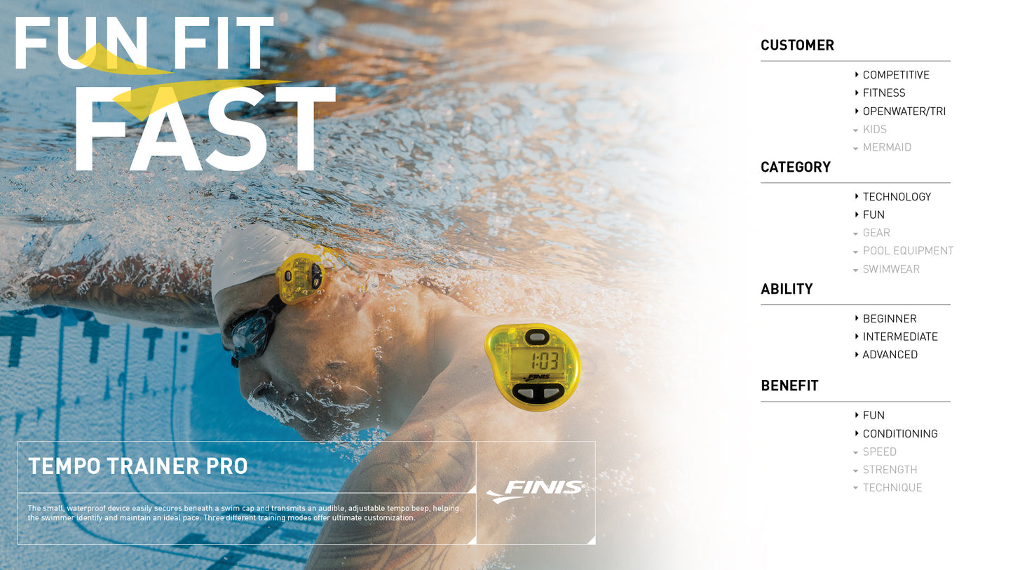 Retail packaging of FINIS Tempo Trainer Pro with product display and features shown