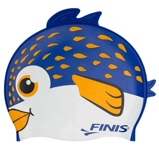 FINIS Animal Heads kids' swim cap in Puffer Fish Blue, front view