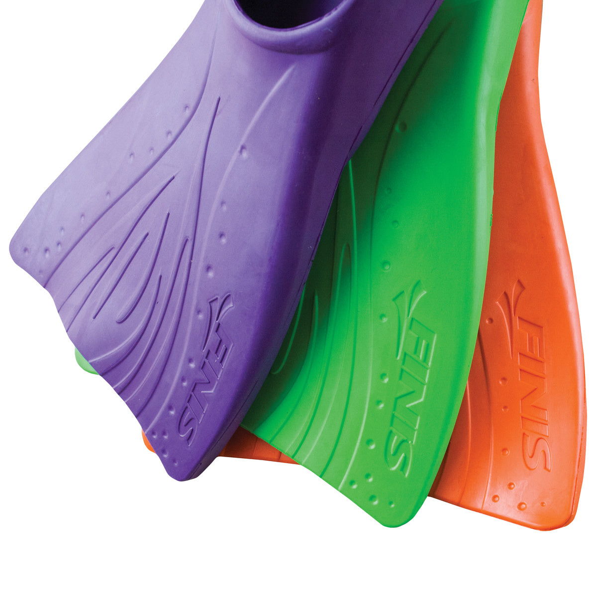 FINIS Booster Fins stacked in purple, green, and orange showing flexible blade material
