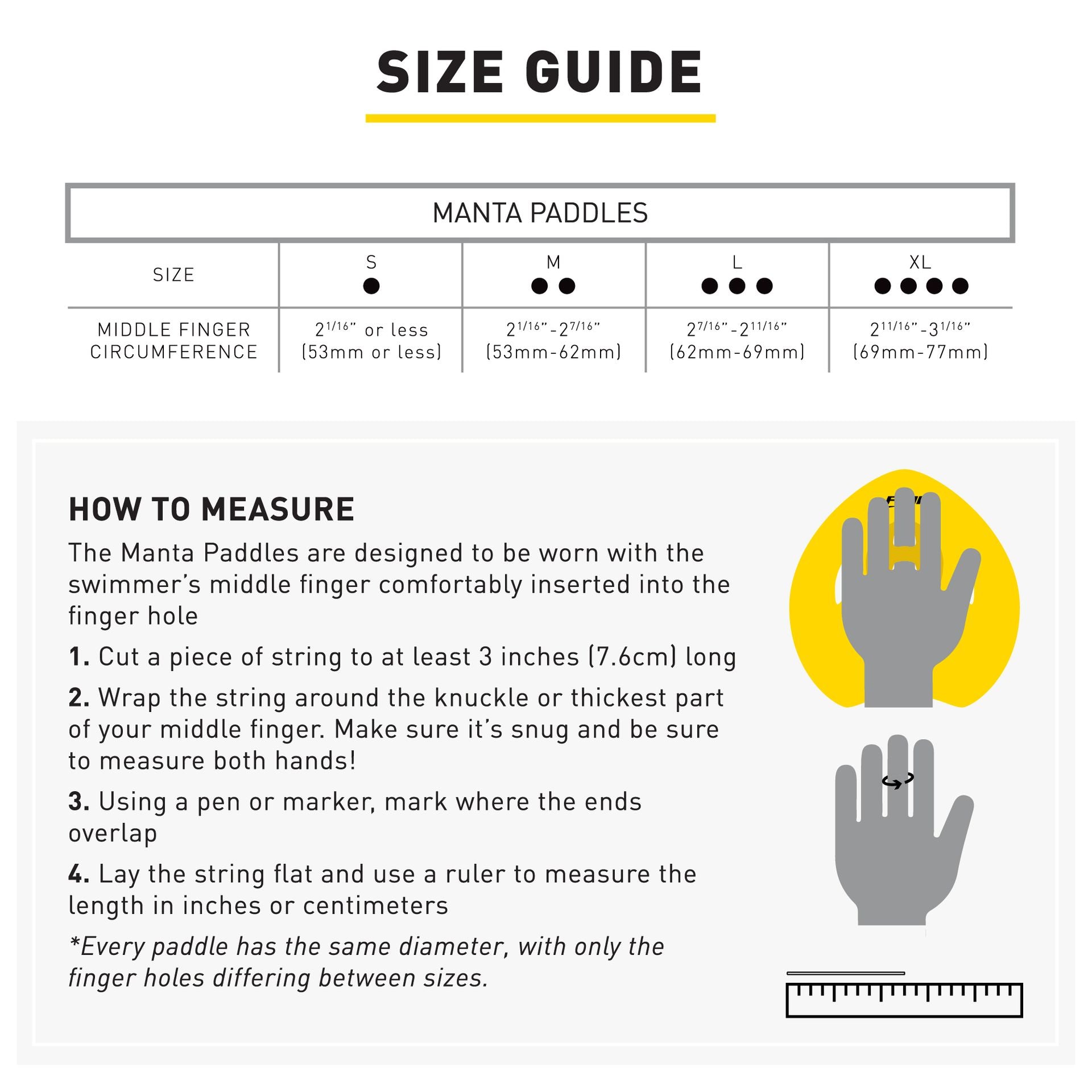 FINIS Manta Paddles large size guide with hand measurement instructions