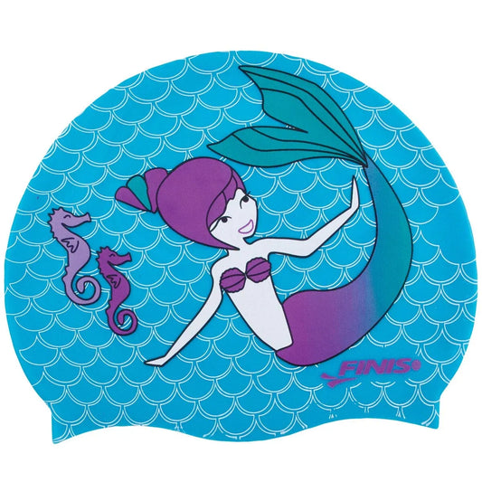 Front view of FINIS Mermaid Silicone Swim Cap in Paradise Blue with mermaid artwork.