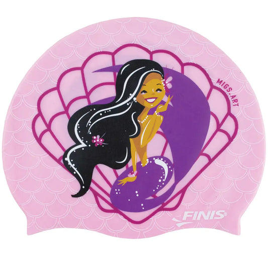 FINIS Mermaid Silicone Swim Cap in Seashell Pink with mermaid design, front view