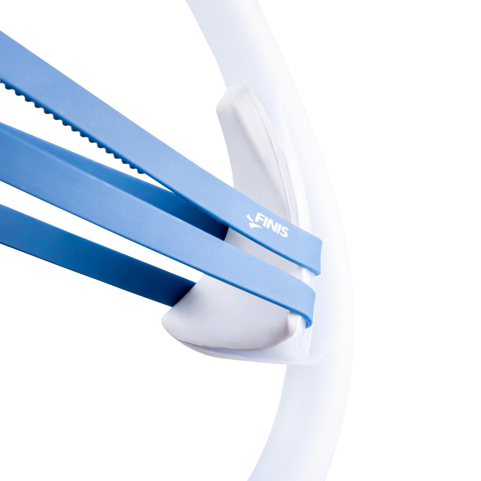 Close-up of FINIS Stability Snorkel Glacier showing cushioned resting support and adjustable head strap