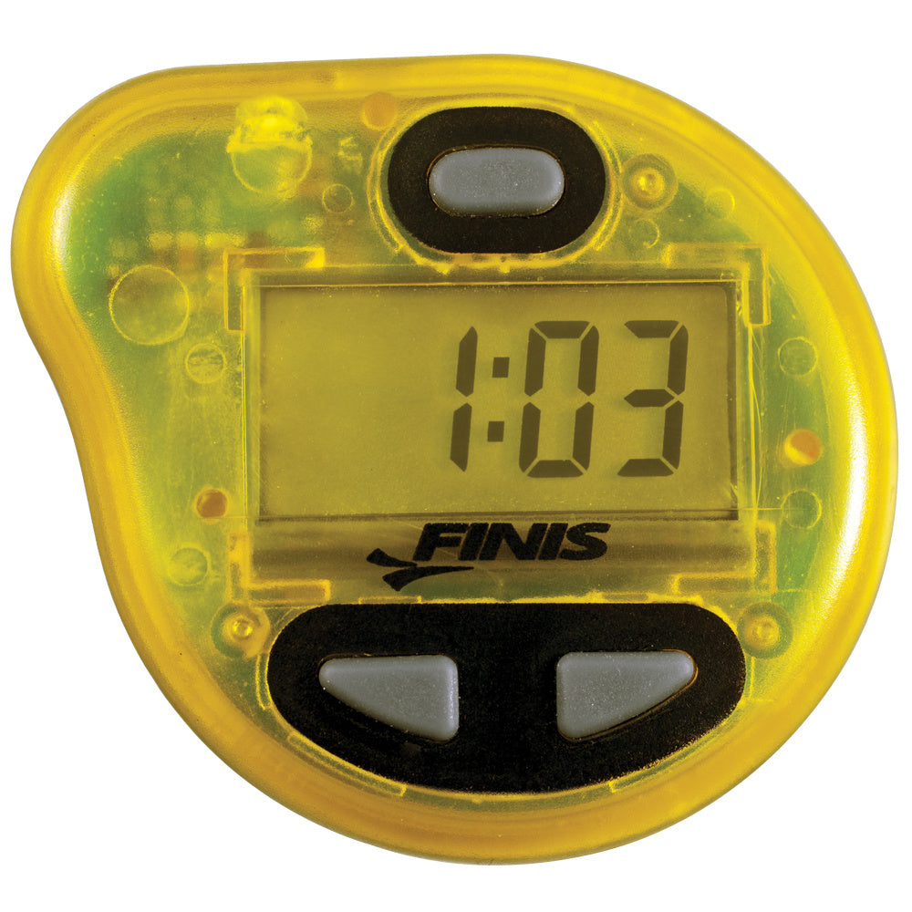 FINIS Tempo Trainer Pro pacing device in yellow, front view showing digital screen and buttons