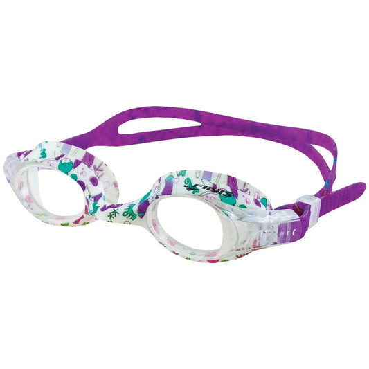 Front view of FINIS Mermaid Swim Goggles in Fintastic design with clear lenses and purple strap.