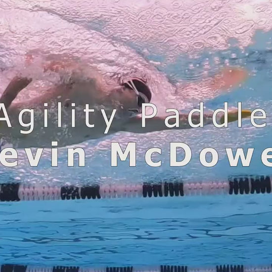 Kevin McDowell, Olympic triathlete, demonstrating and explaining FINIS Agility Paddles technique and benefits for swimmers.
